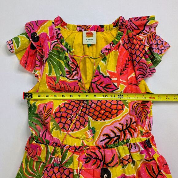 Farm Rio Fruit Dream Ruffle Mini Dress Womens S Yellow Pink Sleeveless Tiered - Picture 9 of 16